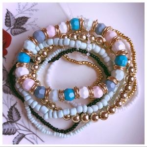 Set of 7 Blue and Gold Beaded Stretch Bracelets
